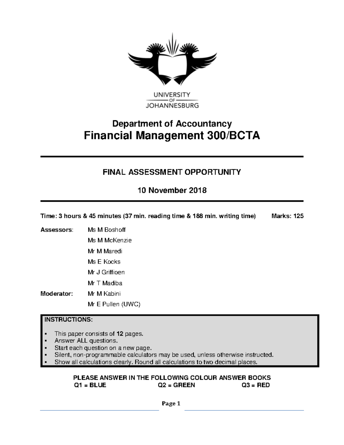 FINAL 15 2018, questions Department of Accountancy Financial