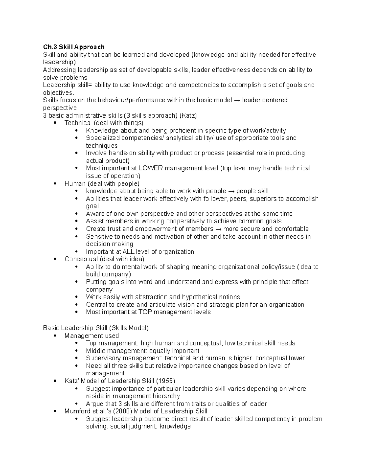 3440 midterm ch.3 - Ch Skill Approach Skill and ability that can be ...