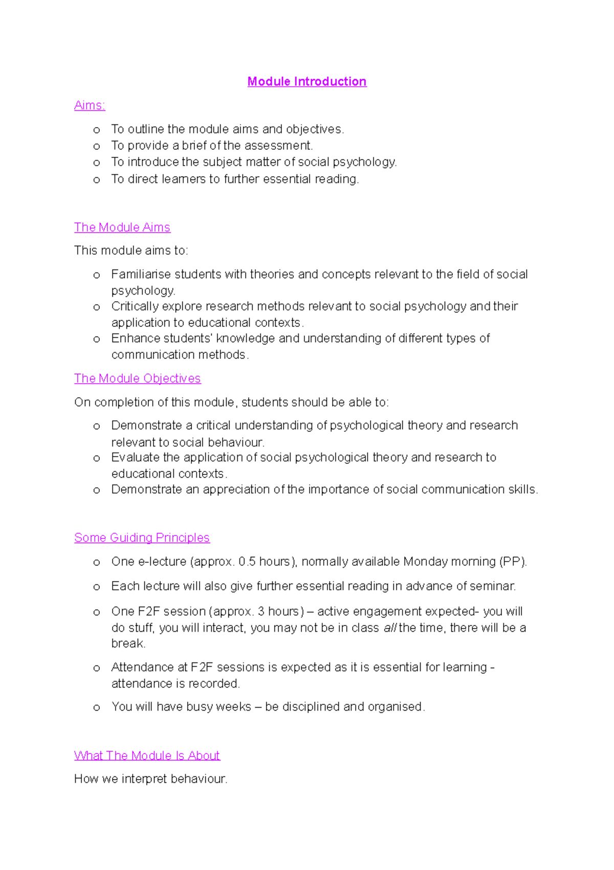 Lecture 1- Module Intro - Module Introduction Aims: O To Outline The ...