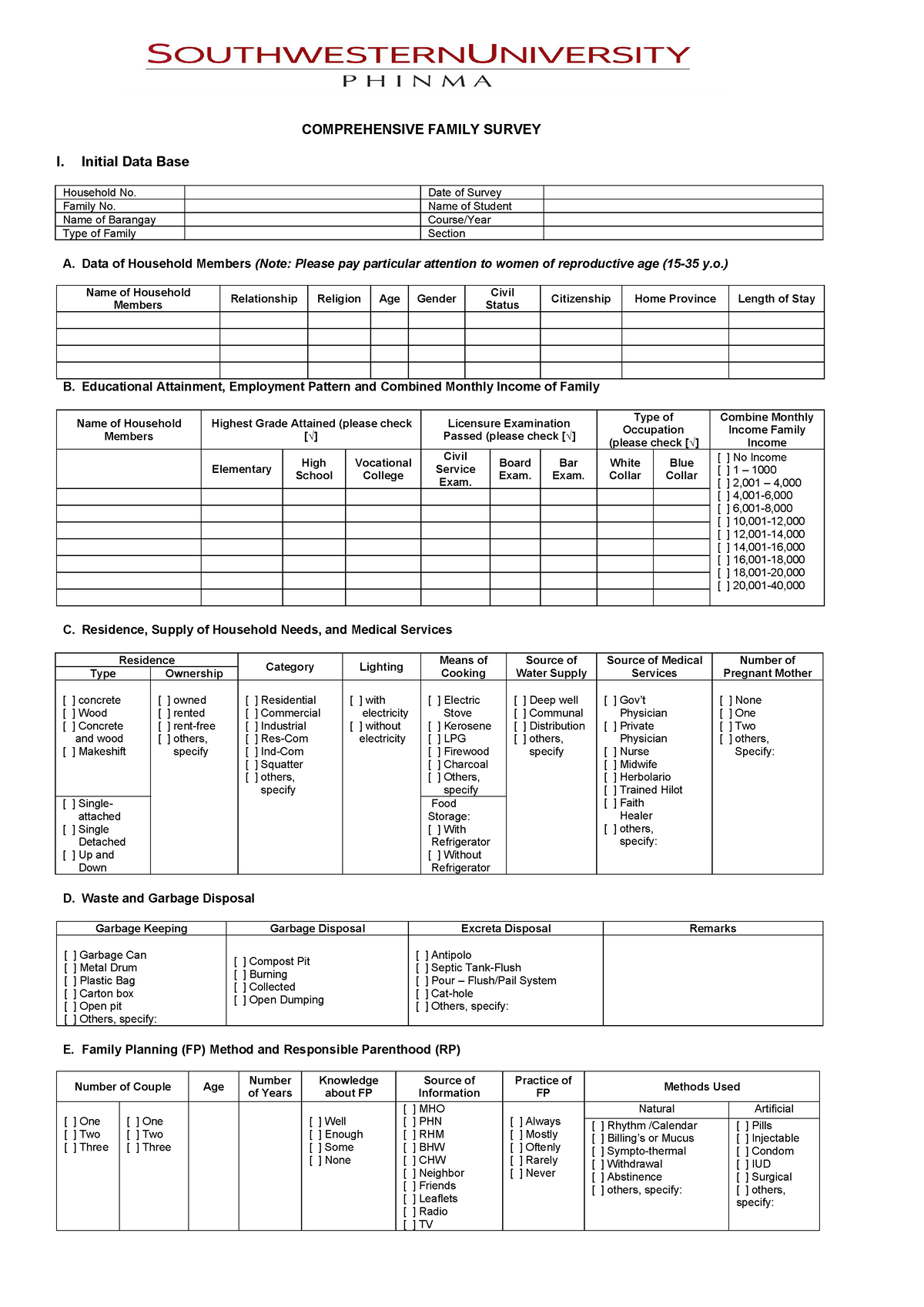 Comprehensive - none - COMPREHENSIVE FAMILY SURVEY I. Initial Data Base ...