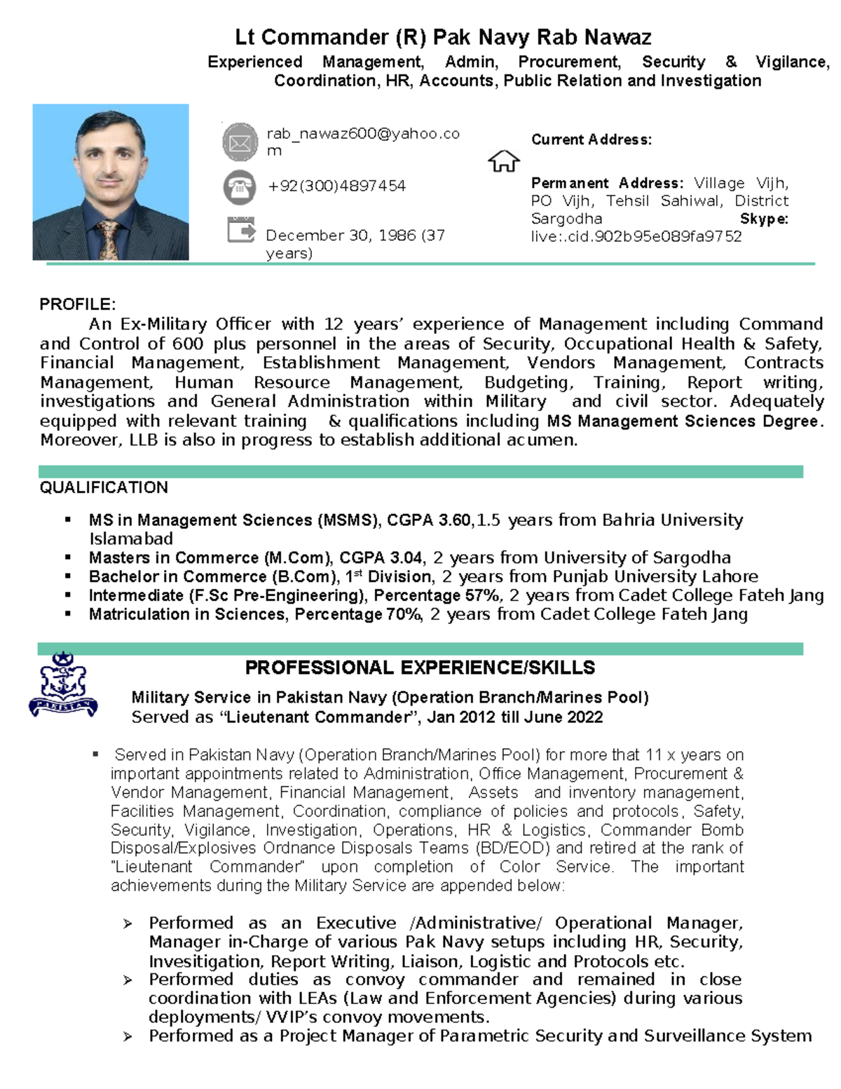 CV of Lt Commander retired) Rab Nawaz Pakistan - Lt Commander (R) Pak ...