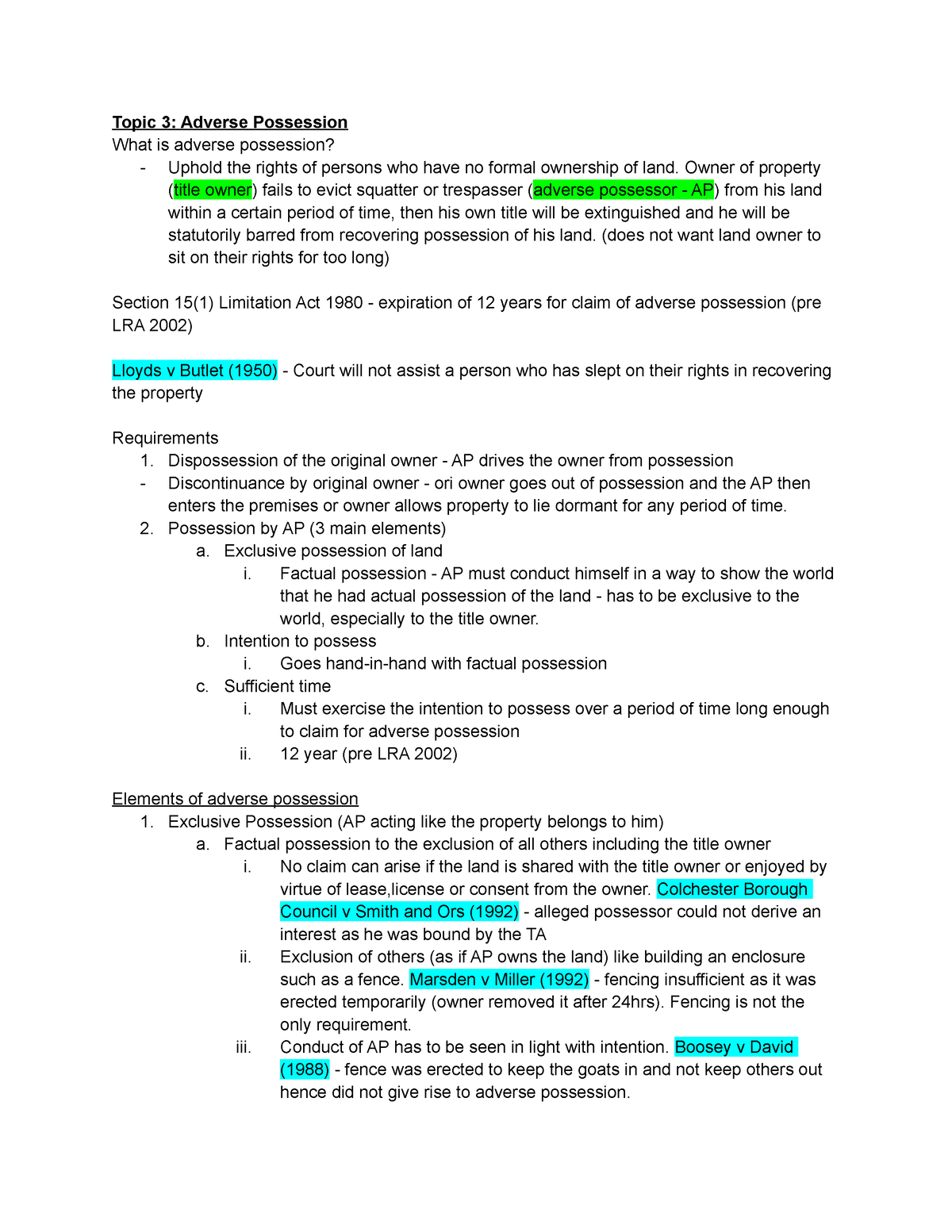 Land Law Adverse Possession - Topic 3: Adverse Possession What is ...