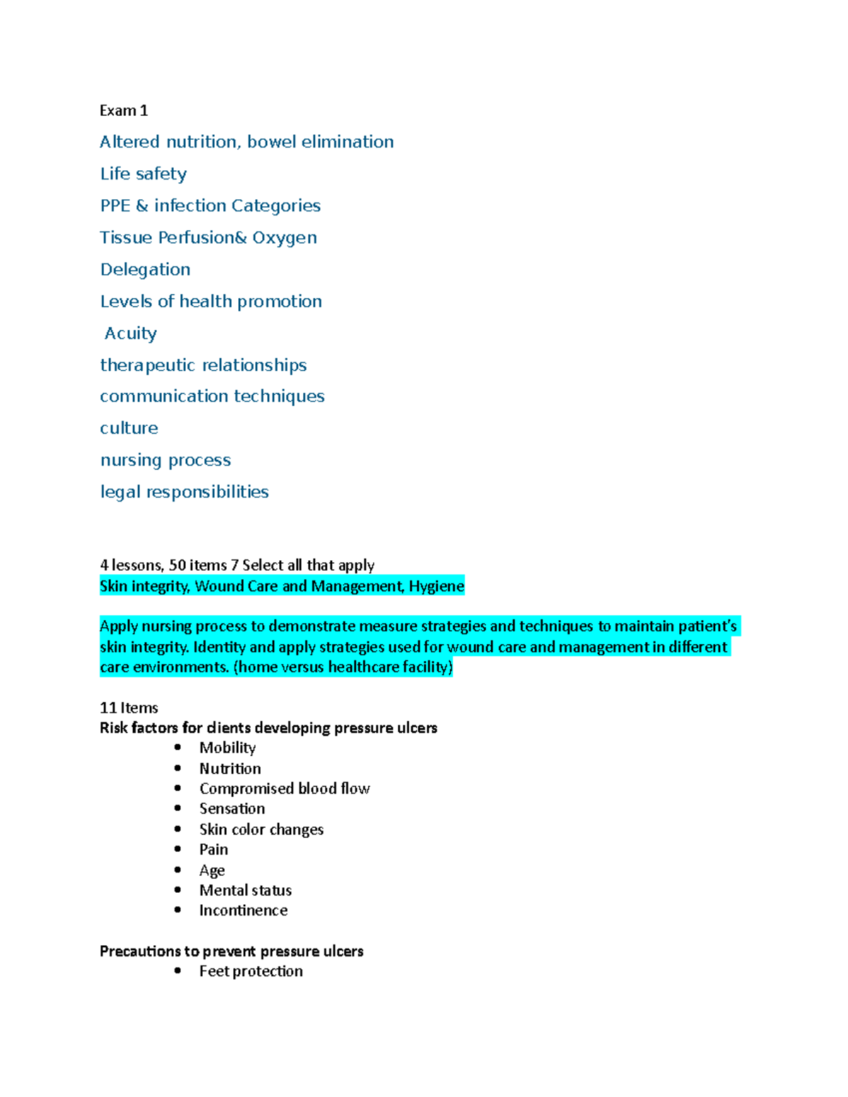 Med Surg Exam 2 blueprint - Exam 1 Altered nutrition, bowel elimination ...