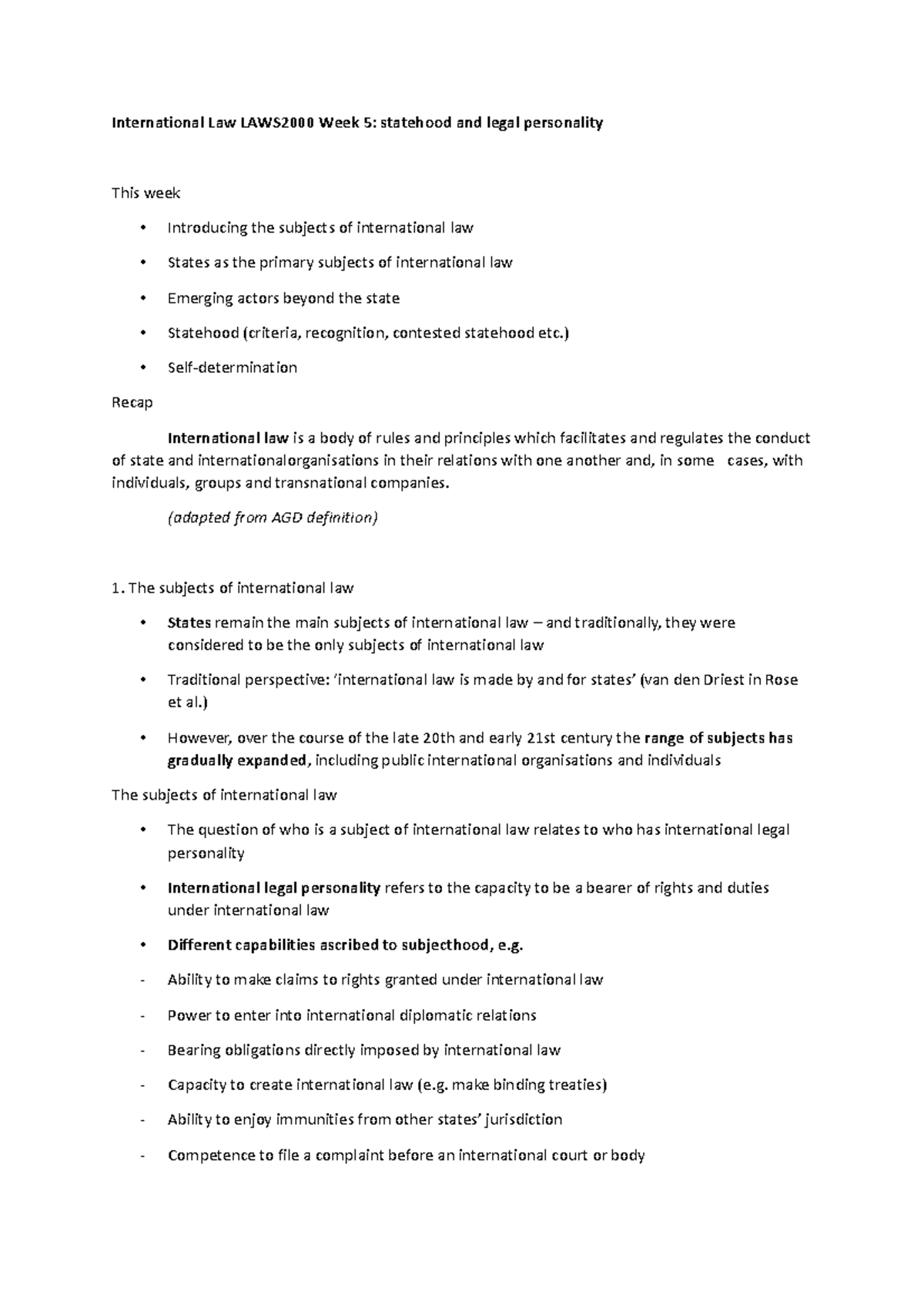 LAWS2000 Lecture 5 Notes Statehood and Legal Personality ...