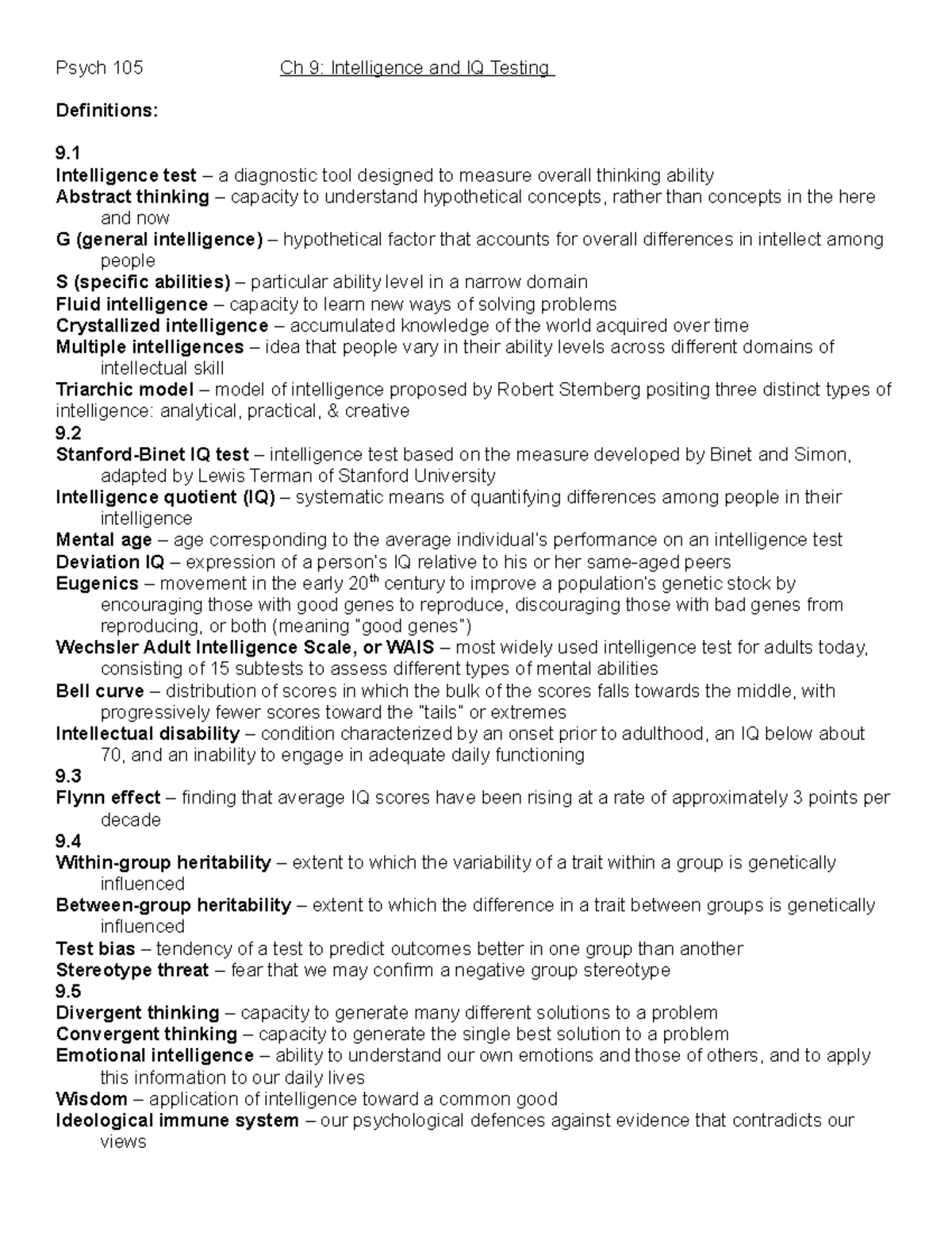 Ch 9 - Ch 9 Chapter Notes - Psych 105 Ch 9: Intelligence and IQ Testing  Definitions: Intelligence - StuDocu