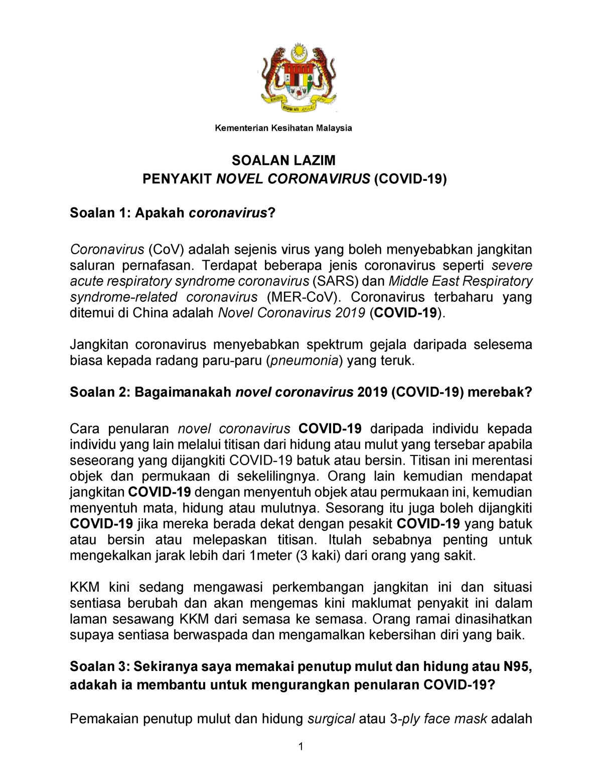 Soalan Lazim Covid 19 Kementerian Kesihatan Malaysia Soalan Lazim Penyakit Novel Coronavirus Studocu