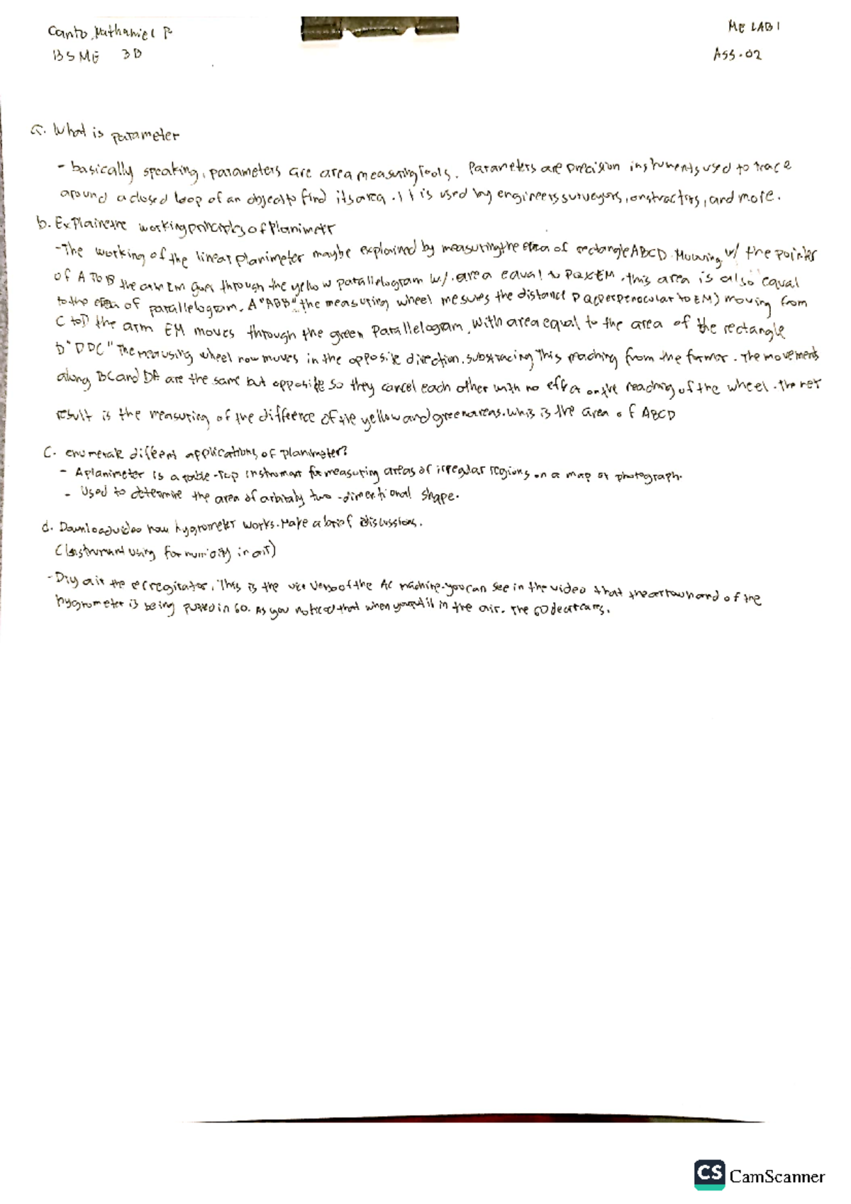 Canto MELab ass1 - ME laboratory - Mechanical Engineering - CamScanner ...