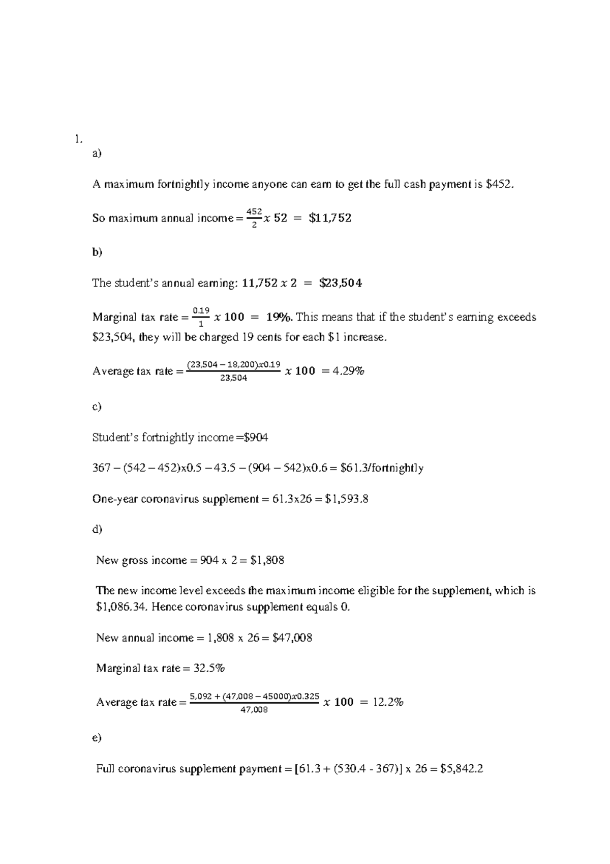 Assignment 2 ECON10004 - 1. A) A Maximum Fortnightly Income Anyone Can ...