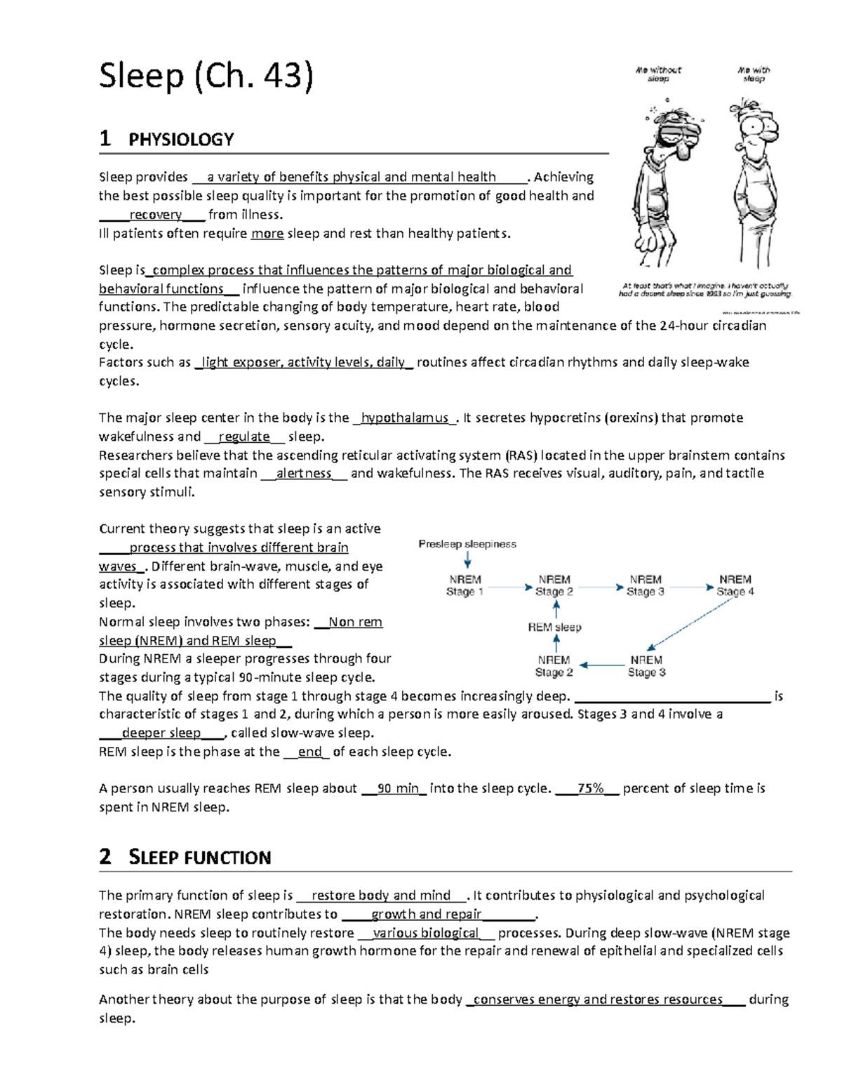 Sleep Student Notes 2 - Sleep (Ch. 43) 1 PHYSIOLOGY Sleep Provides A ...