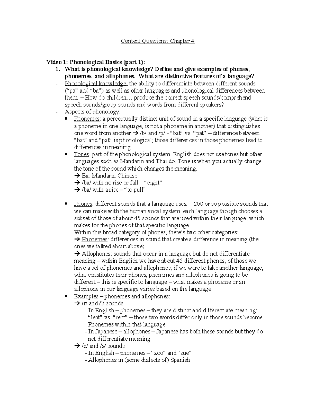 Content Questions Chapter 4 What is phonological knowledge? Define