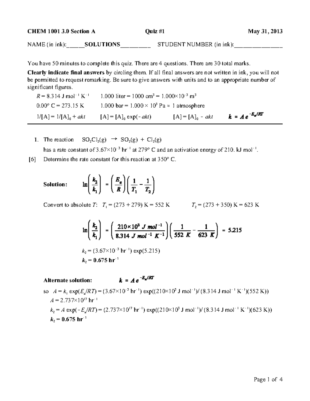 Quiz 1, Answers - CHEM 1001 3 Section A Quiz #1 NAME (in Ink ...