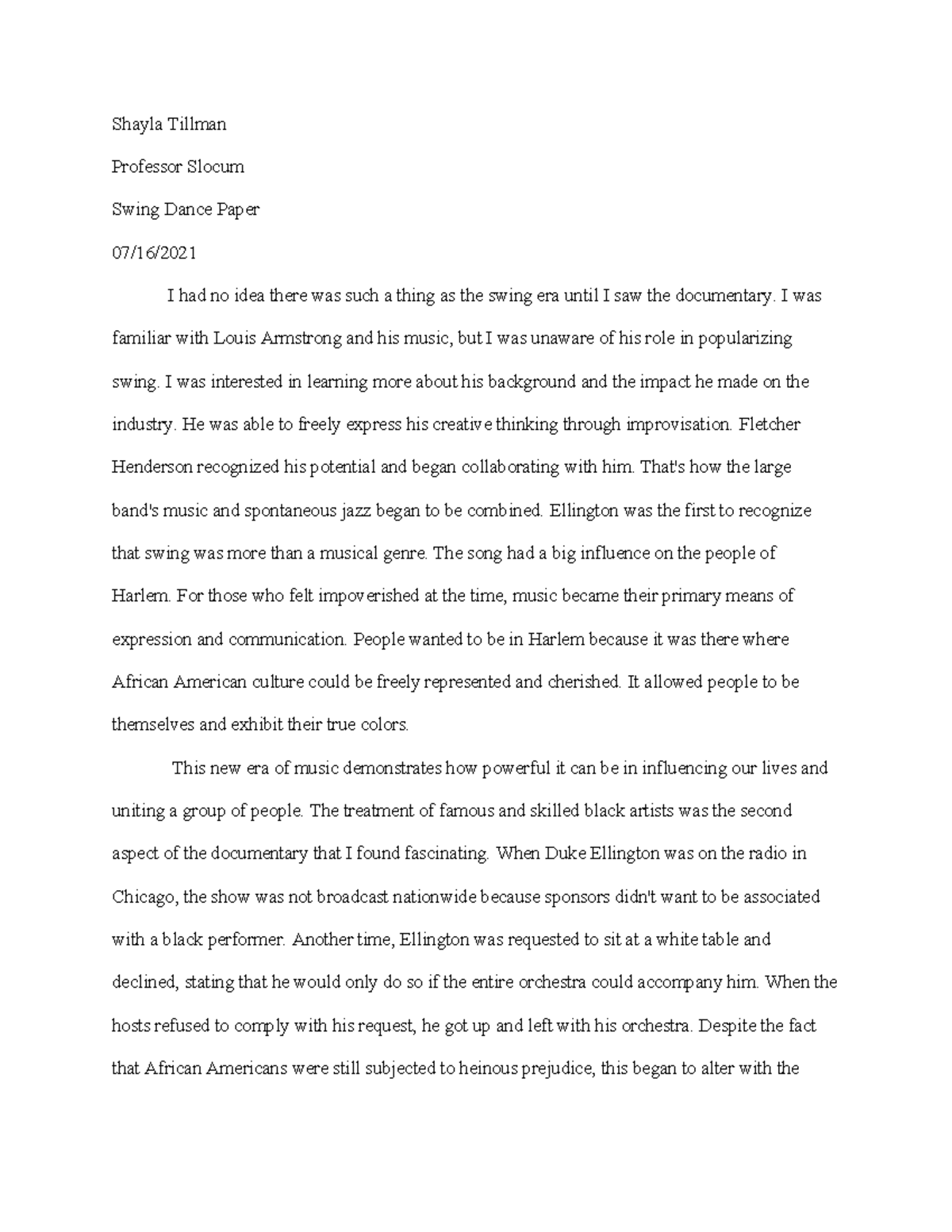 Swing dance paper - Shayla Tillman Professor Slocum Swing Dance Paper ...