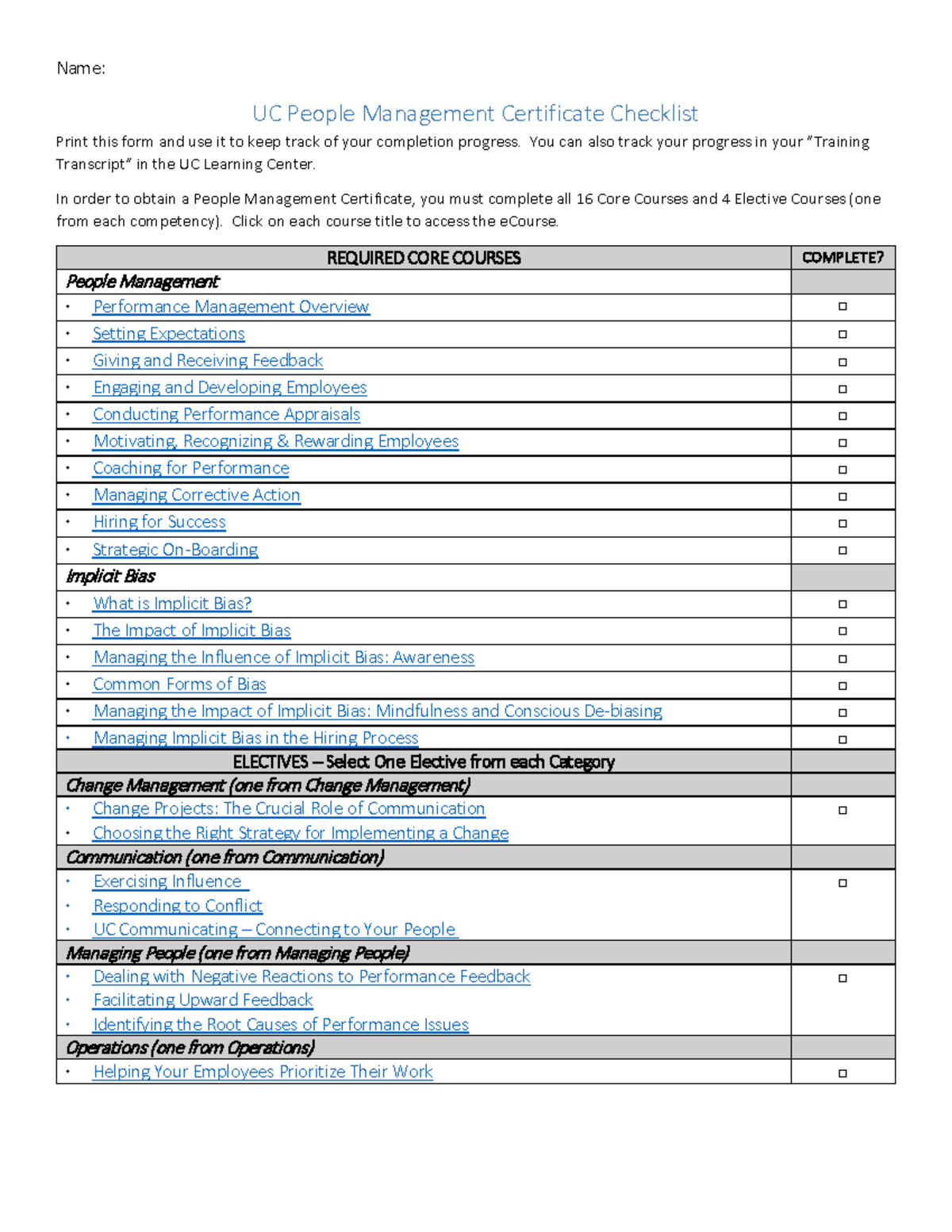 UC People Management Certificate Check List - Name: UC People ...