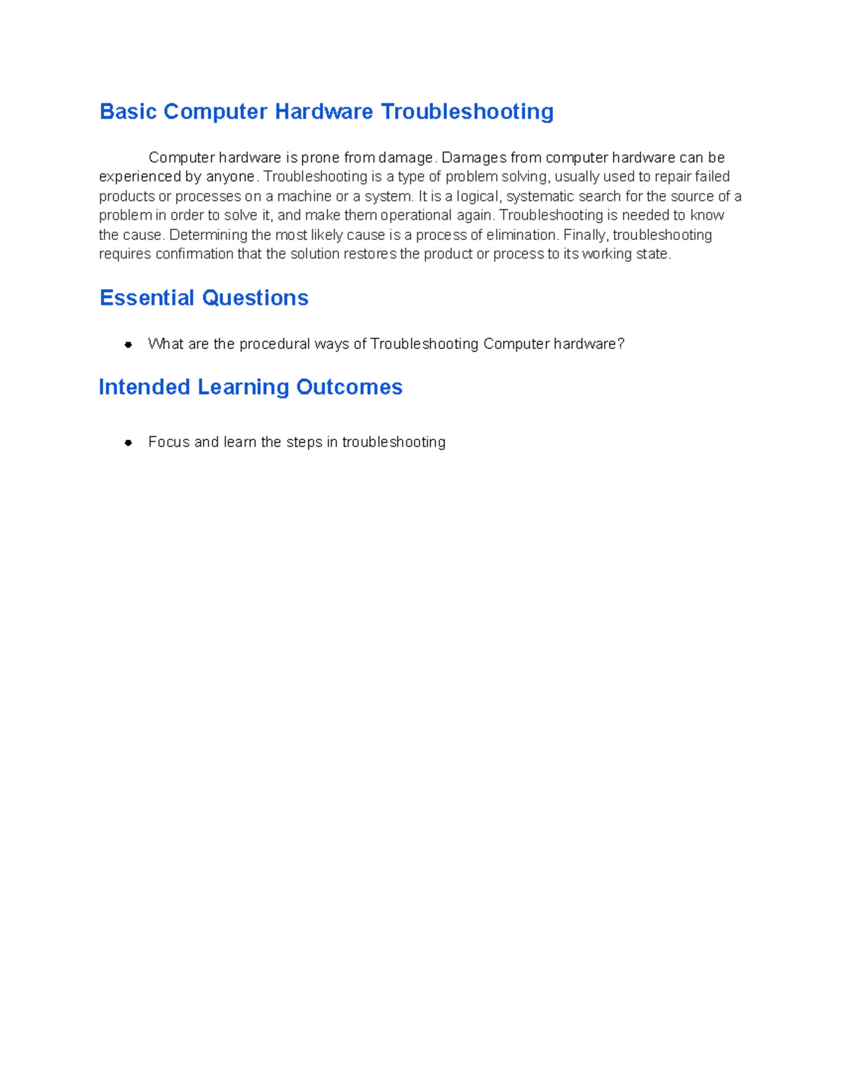 Unit 13023042 College - Basic Computer Hardware Troubleshooting ...