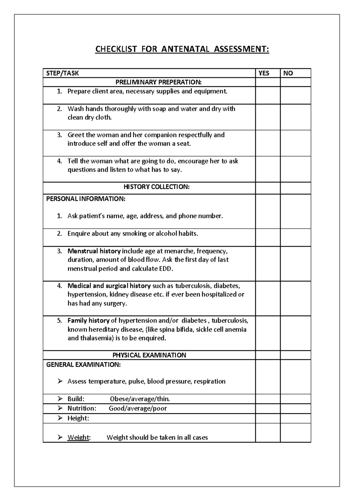 Checklist FOR Antenatal Assessment docx - CHECKLIST FOR ANTENATAL ...