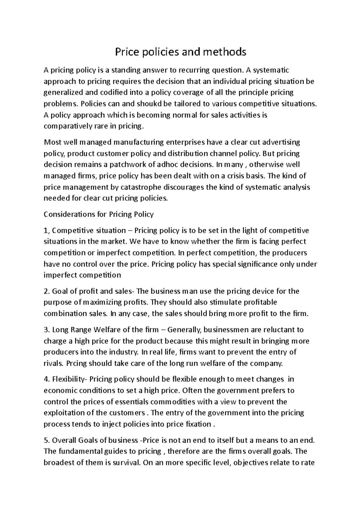 Economics - economic notes - Price policies and methods ####### A ...