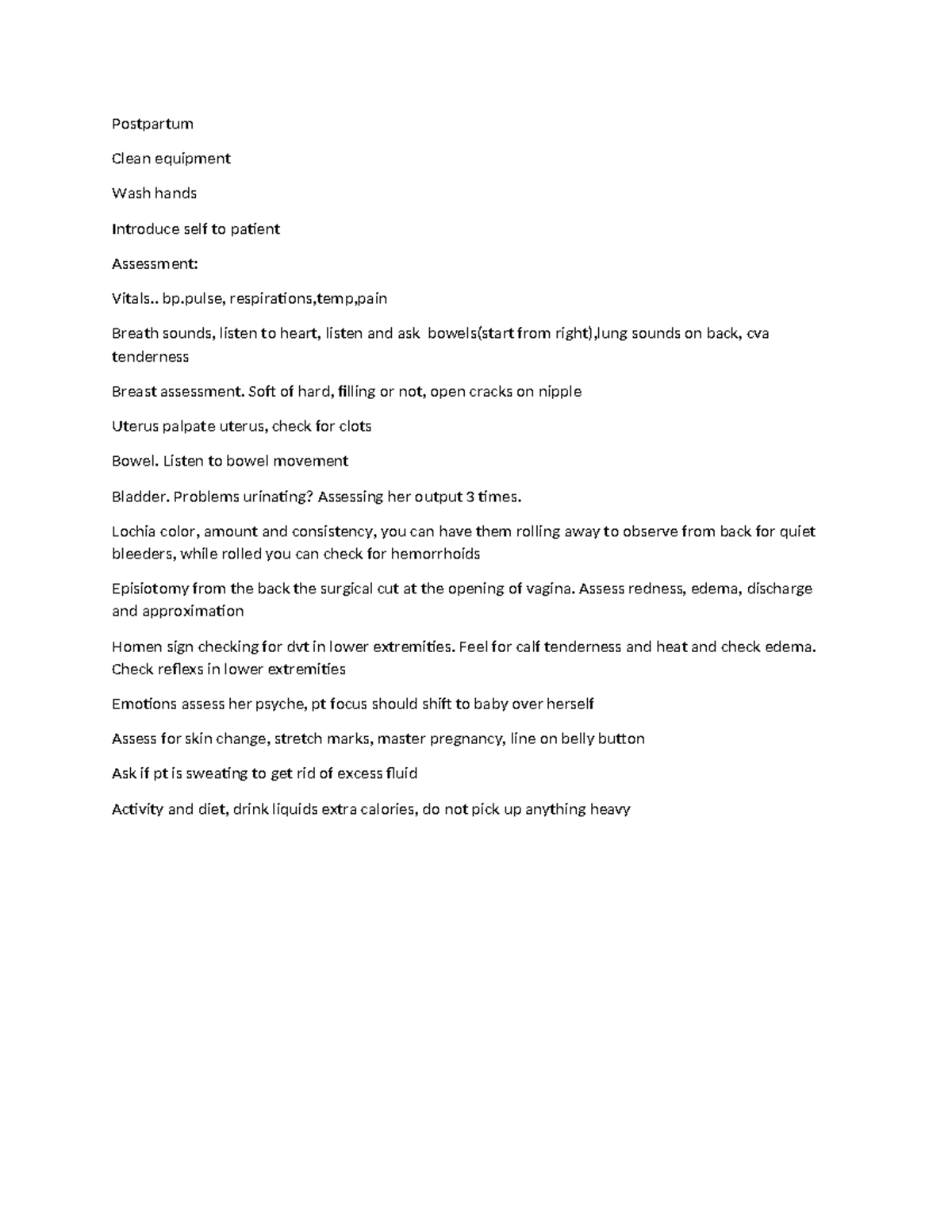 Postpartum notes - dfgdfgdgfe - Postpartum Clean equipment Wash hands ...