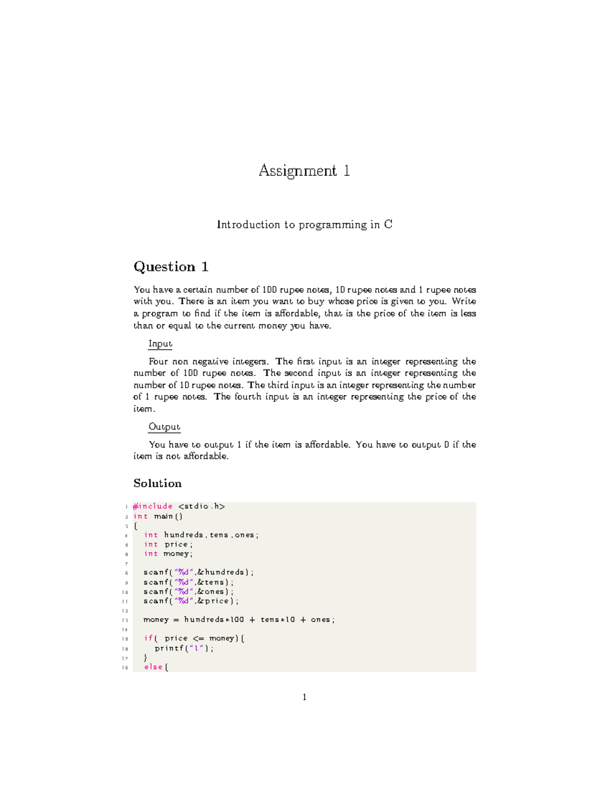 Assignment 1 Solutions - Assignment 1 Introduction To Programming In C ...