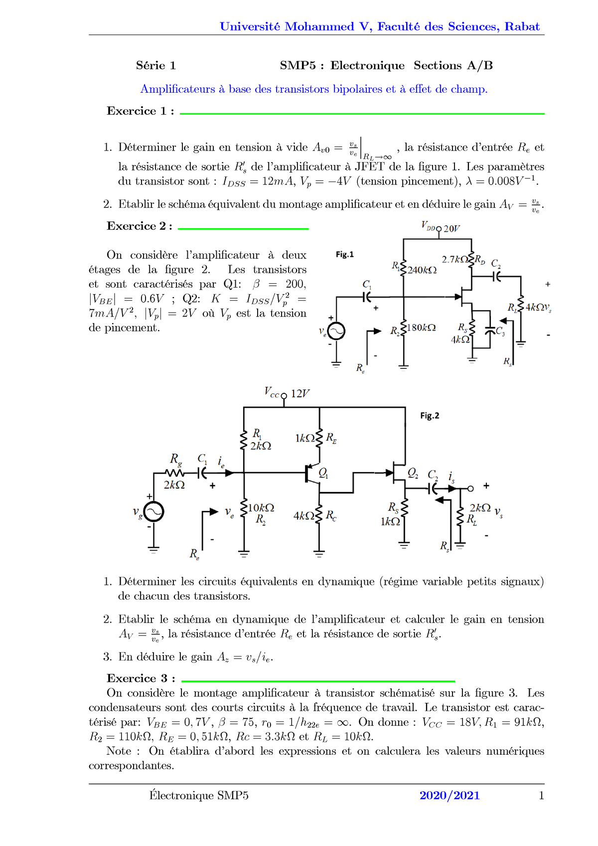 TD Electronique Analogique Série 1 - UniversitÈ Mohammed V, FacultÈ Des ...