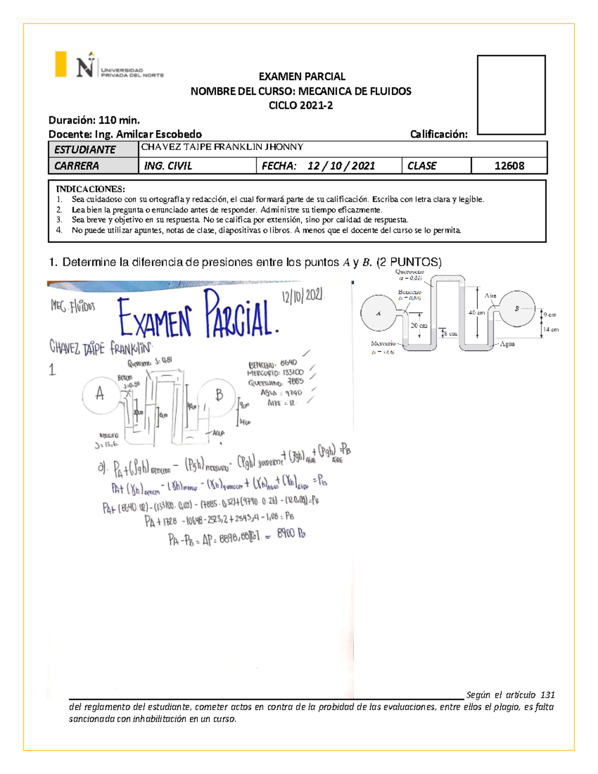 Examen Parcial Mecanica DE Fluidos Chavez Taipe - Ingeniería Civil ...