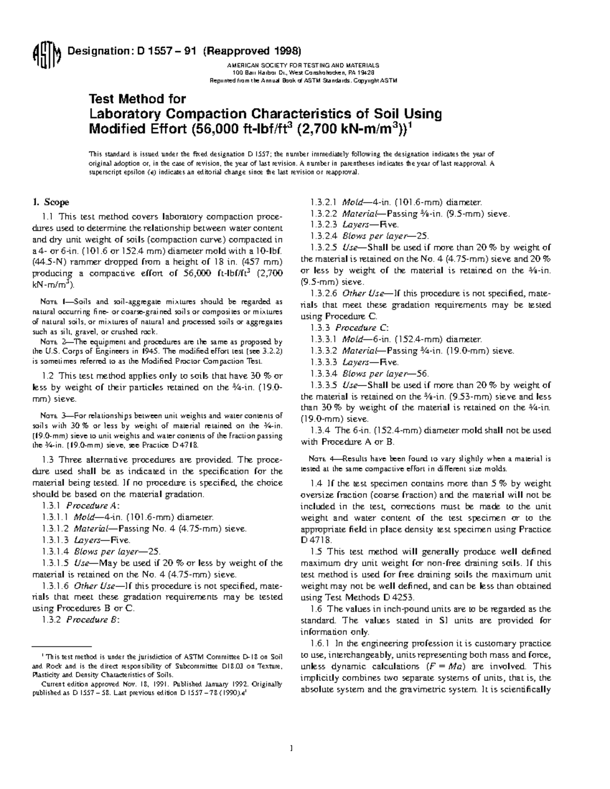 D1557 - Laboratory Compaction Characteristics of Soil Using Modified ...