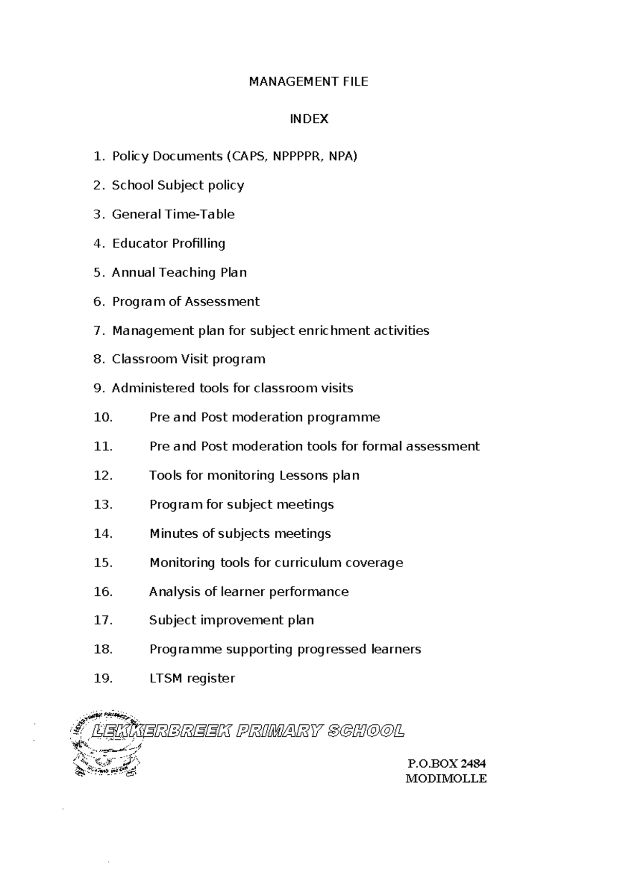 Management FILE - File for the master file - MANAGEMENT FILE INDEX 1 ...