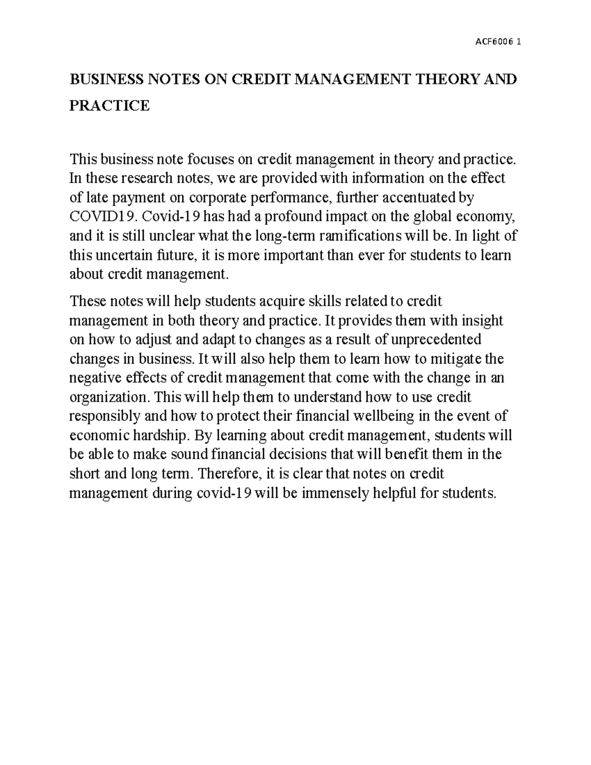 Business Notes ON Credit Management Theory AND Practice - BUSINESS ...