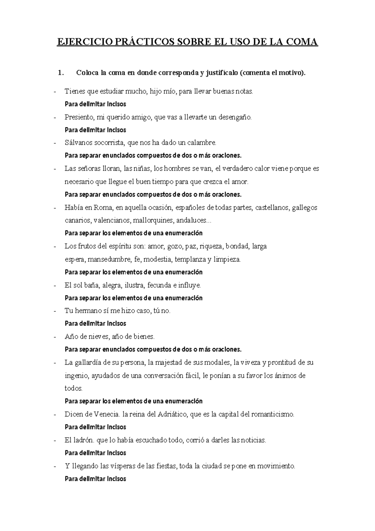 Marco Balla ejercicio uso de la coma - EJERCICIO PRÁCTICOS SOBRE EL USO ...