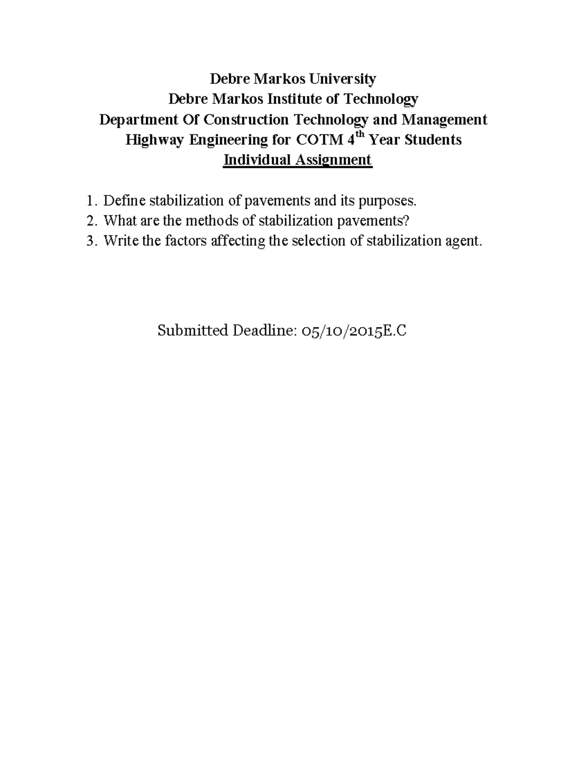 Individual Assignment for COTM 4th Year Students - history of thought ...