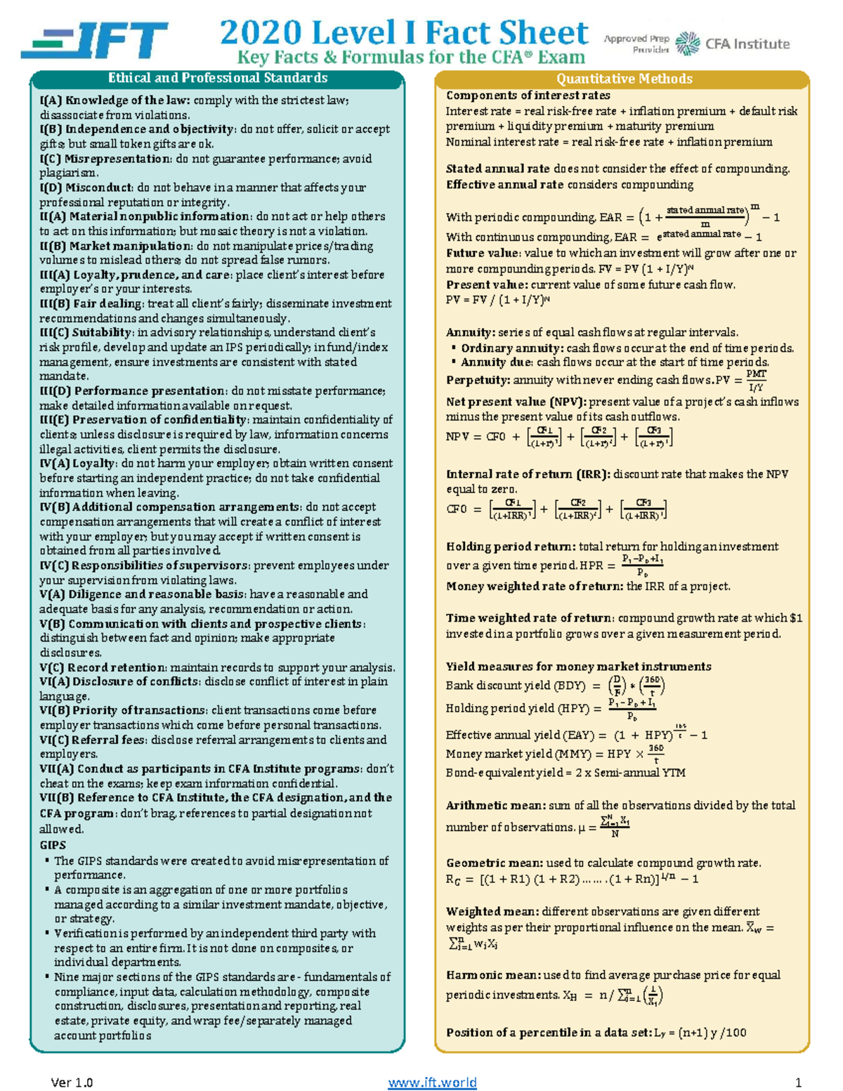 Microsoft Word - IFT CFA Level I Facts and Formula Sheet 2020 by cools ...