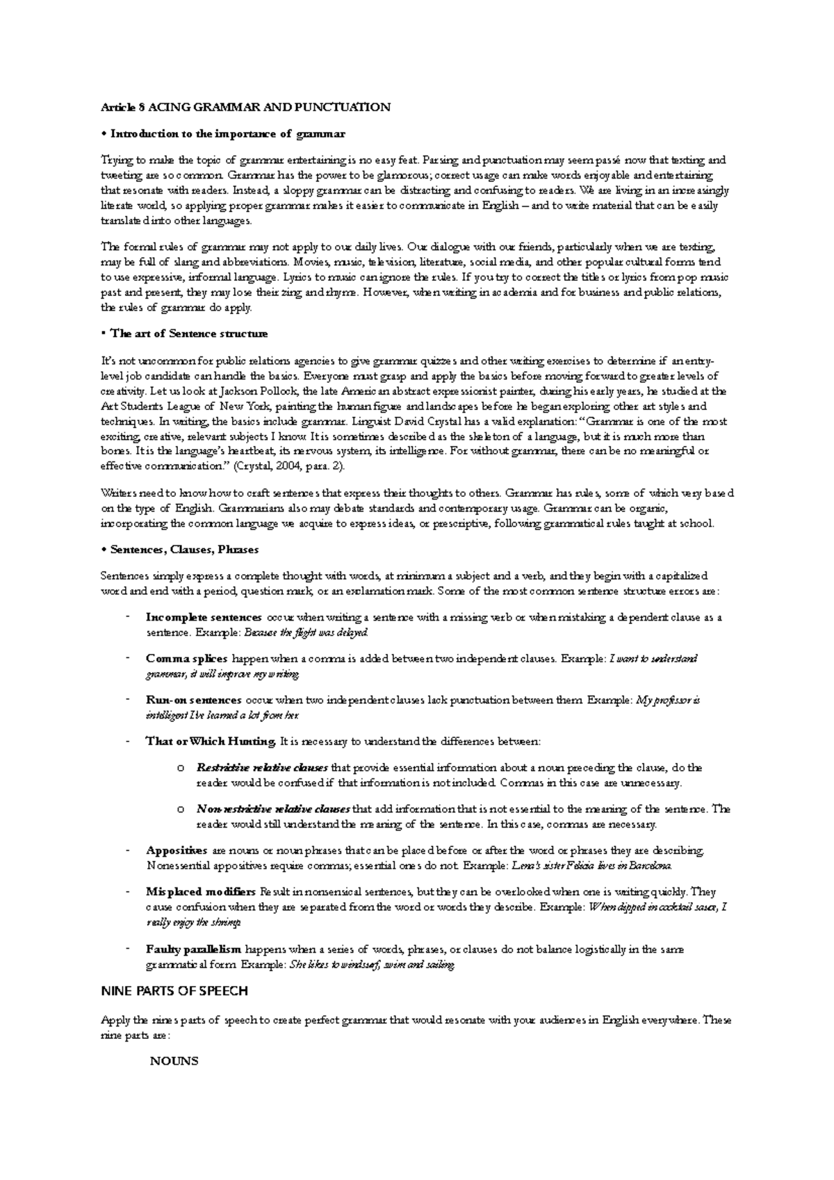 Articolo 8 mega riassunto - Article 8 ACING GRAMMAR AND PUNCTUATION ...