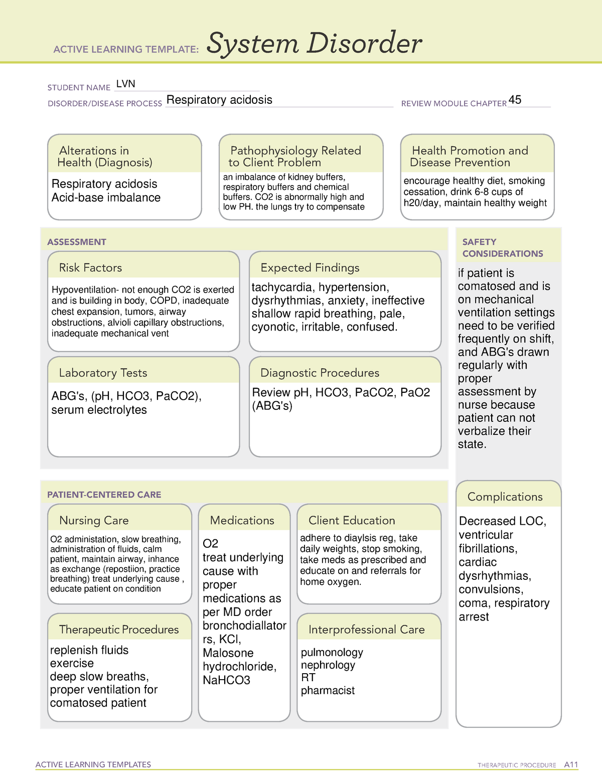 System disorder respiratory acidosis ACTIVE LEARNING TEMPLATES