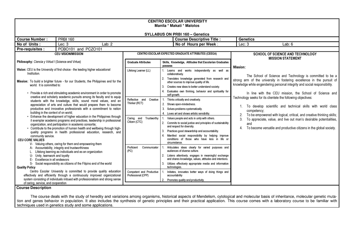 Revised PRBI 160 Genetics - CENTRO ESCOLAR UNIVERSITY Manila * Makati ...