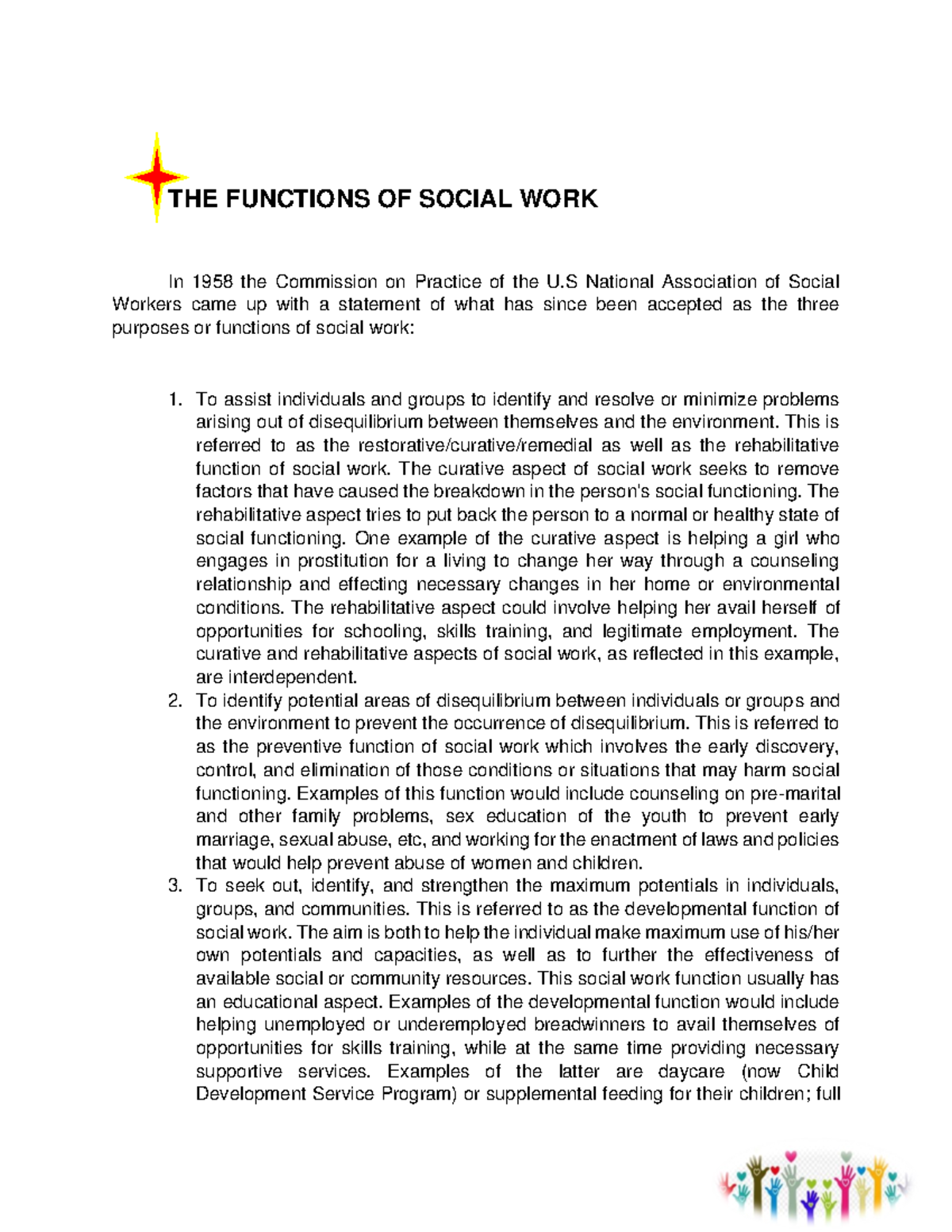 Lesson II - THE FUNCTIONS OF SOCIAL WORK In 1958 the Commission on ...