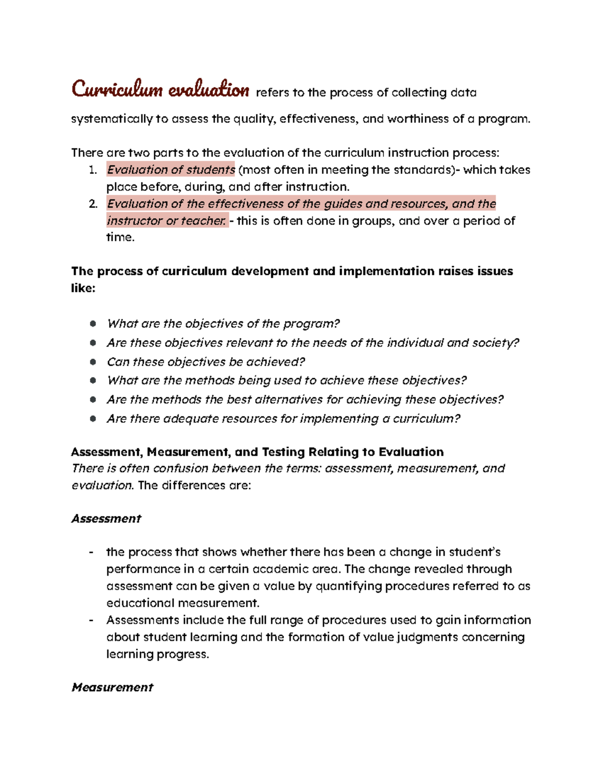 Curriculum evaluation - There are two parts to the evaluation of the ...