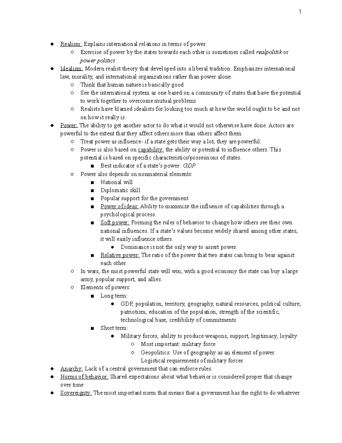 Chapter 2 Notes - 1 Realism: Explains international relations in terms ...