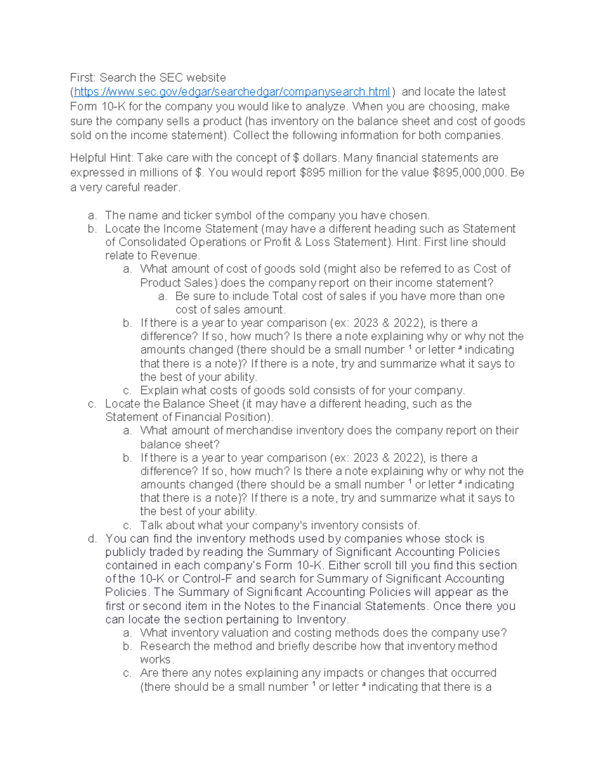 Inventory and 10-K Review - First: Search the SEC website (sec/edgar ...