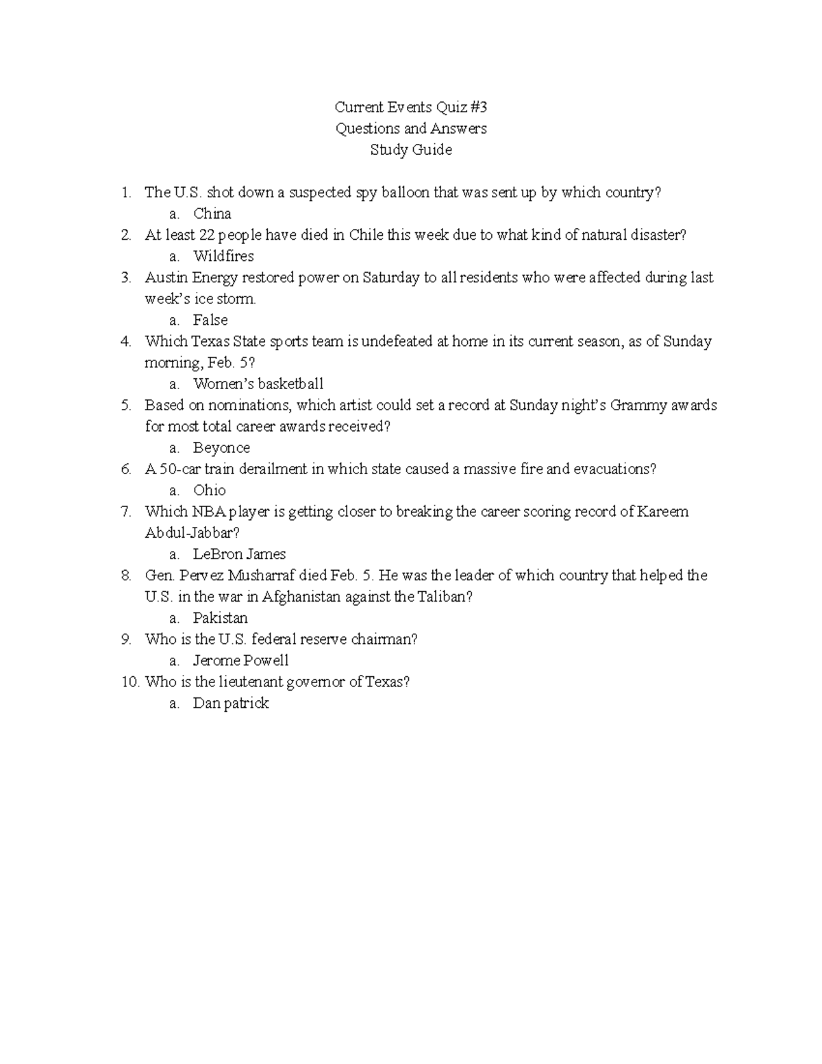 MC1313 Current Events Quiz 3 Current Events Quiz Questions and