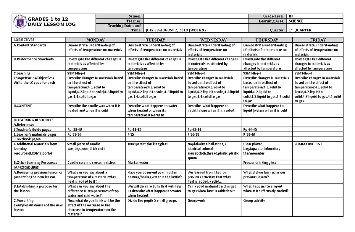 DLL Science 3 Q1 W9 - GRADES 1 to 12 DAILY LESSON LOG School: Grade ...