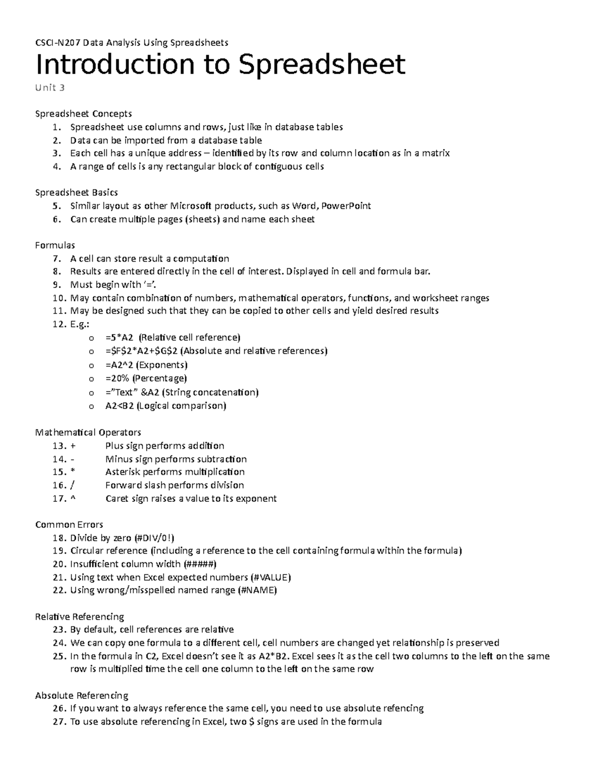 Unit 3 Review - Introduction to Spreadsheet Unit 3 Spreadsheet Concepts ...