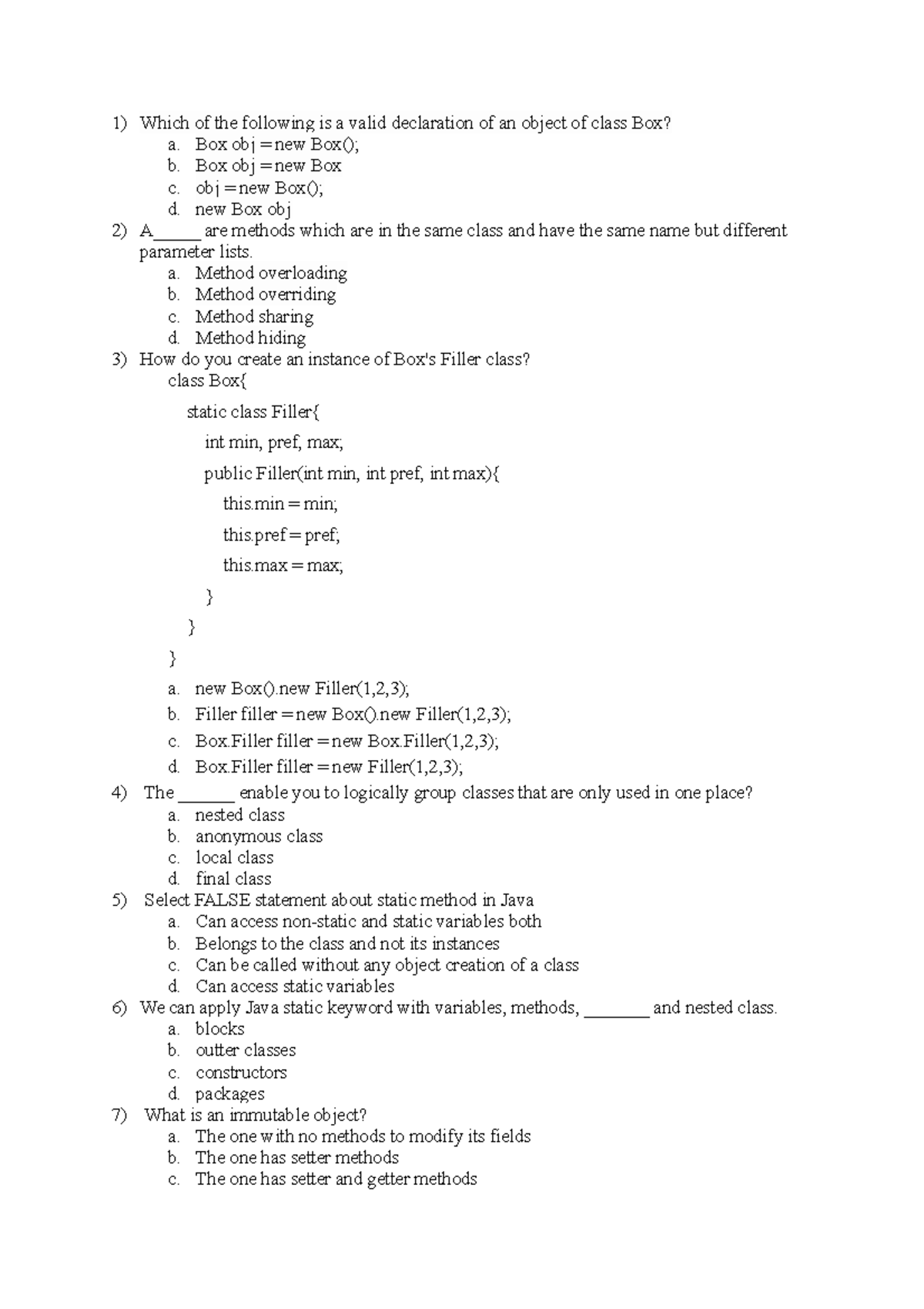 Quiz34Classes ObjectsNested Classes Which of the following is a