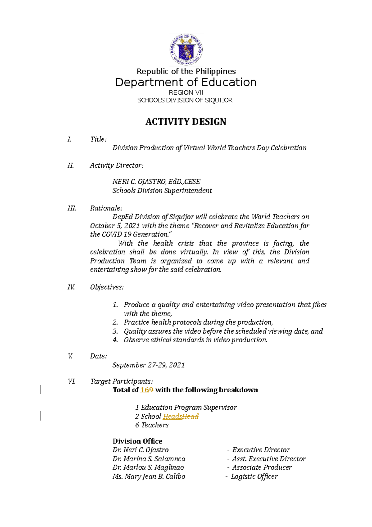 Activity Design-WTD - Republic of the Philippines Department of ...