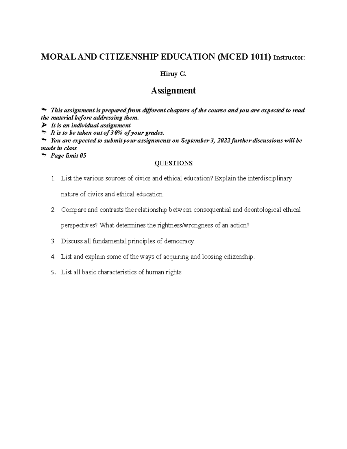 Civics assigement - All - MORAL AND CITIZENSHIP EDUCATION (MCED 1011 ...