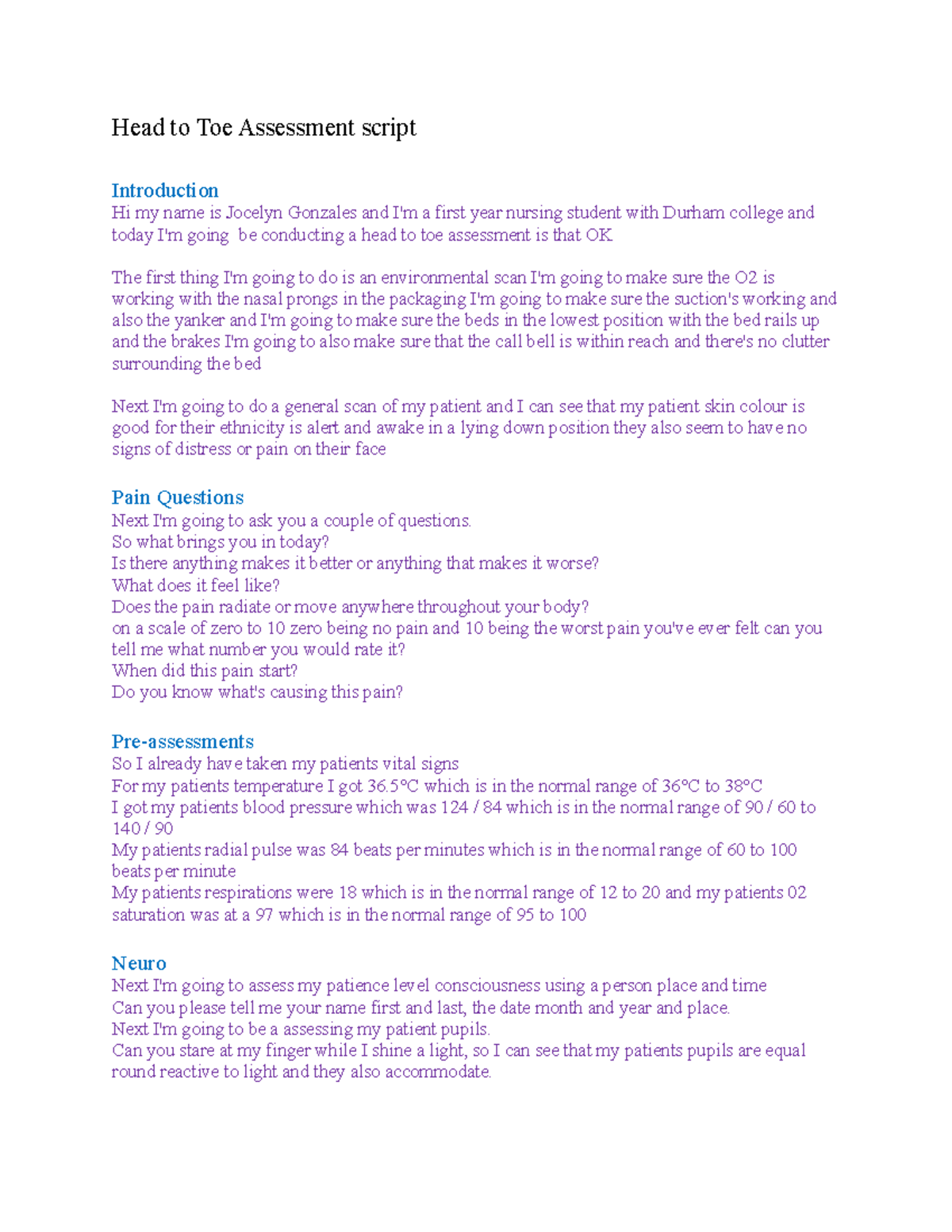 Head to Toe Assessment script - Head to Toe Assessment script ...