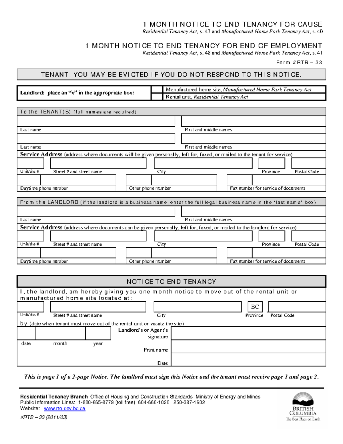 RTB-33 - Lecture Notes - 1 M ON TH N OTI CE TO EN D TEN AN CY FOR CAUSE ...