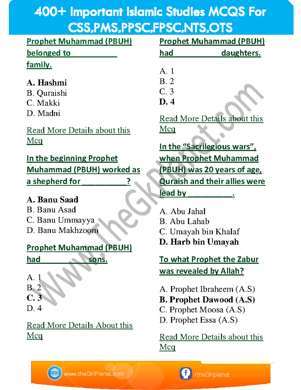 400 Important Islamic Studies MCQS For Csspmsppscfpscntsots 1 - Prophet ...