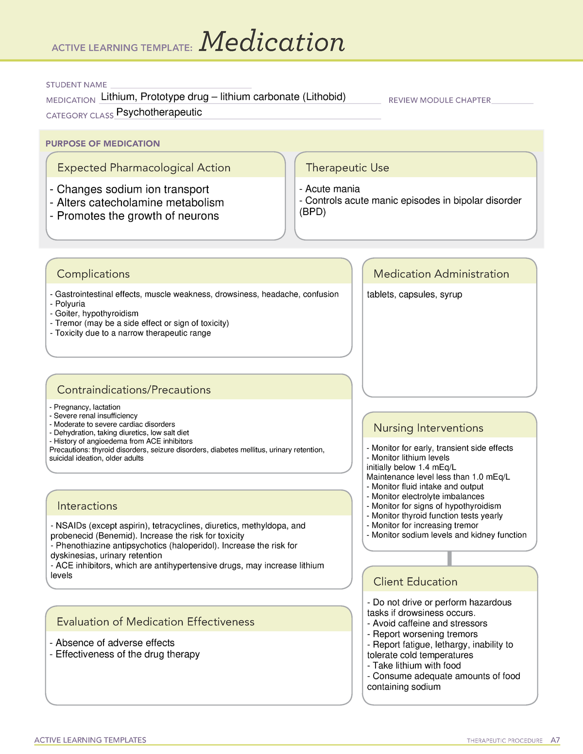 Lithium Medication template ACTIVE LEARNING TEMPLATES THERAPEUTIC