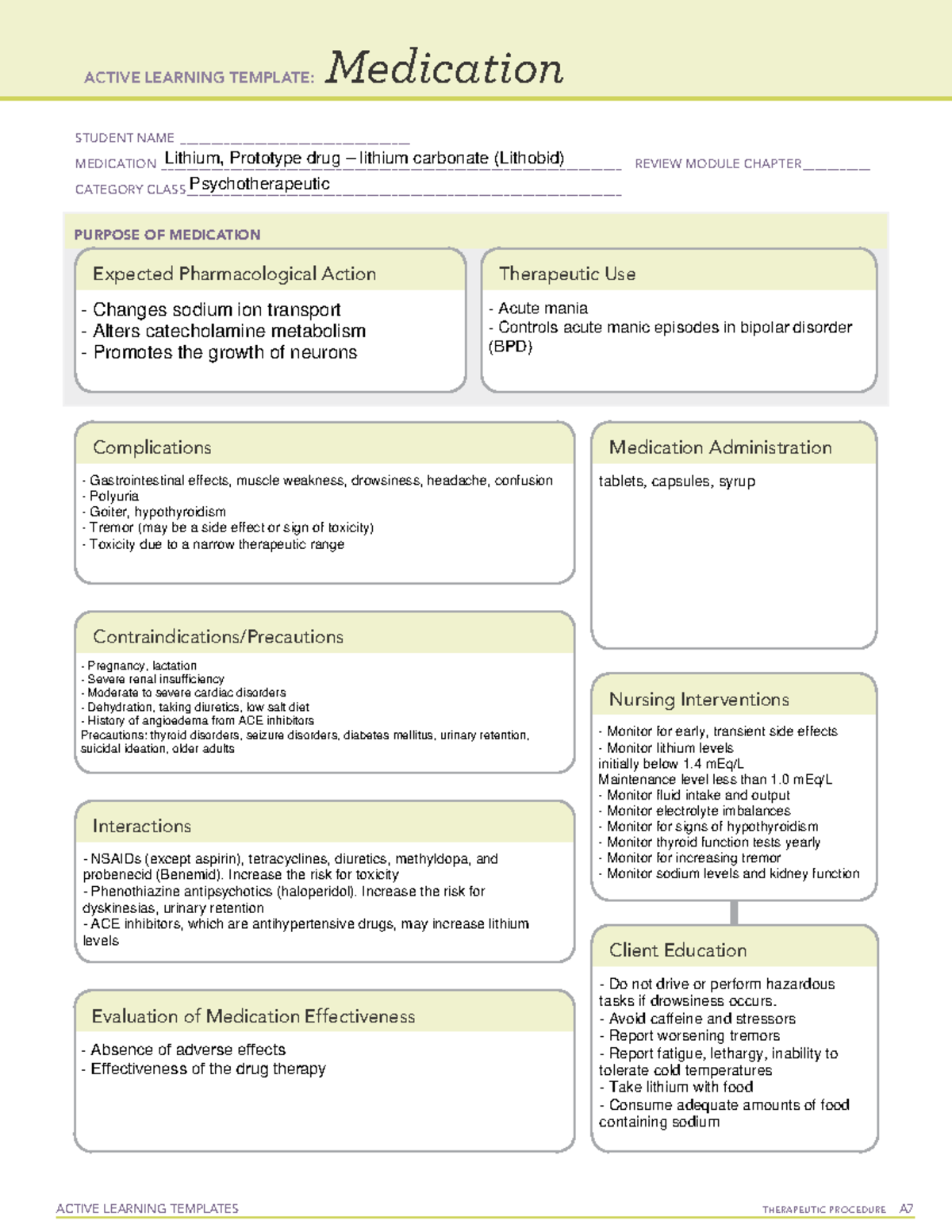 Lithium Medication template ACTIVE LEARNING TEMPLATES THERAPEUTIC