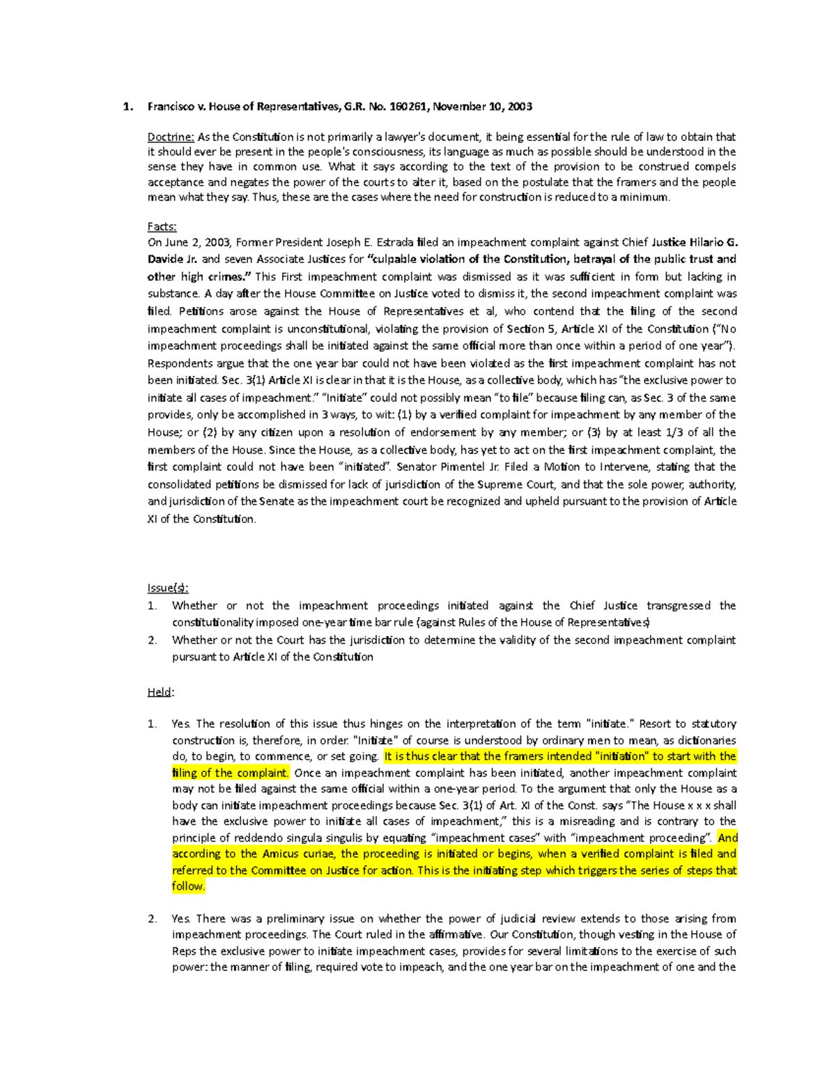 Francisco v. HOR - Case Digest - Francisco v. House of Representatives ...