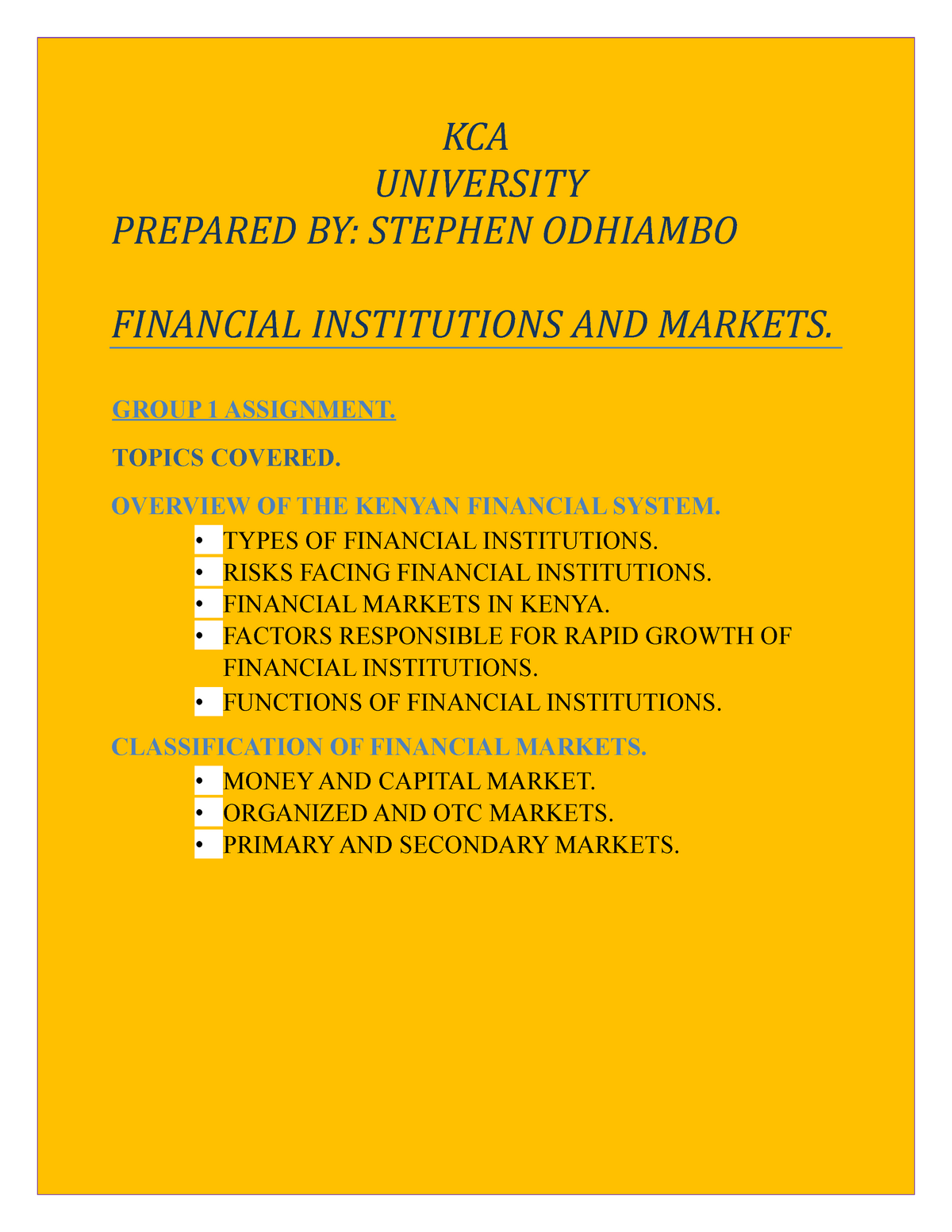 financial markets and institutions assignment